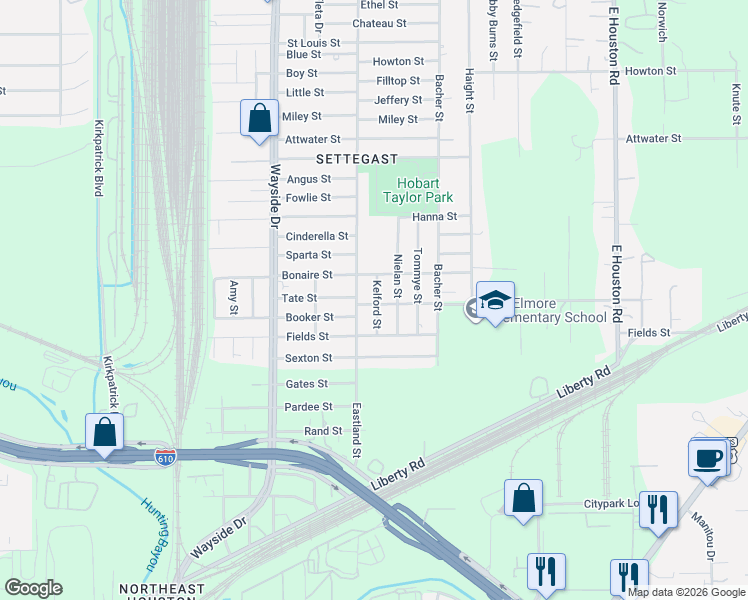 map of restaurants, bars, coffee shops, grocery stores, and more near 5310 Kelford Street in Houston