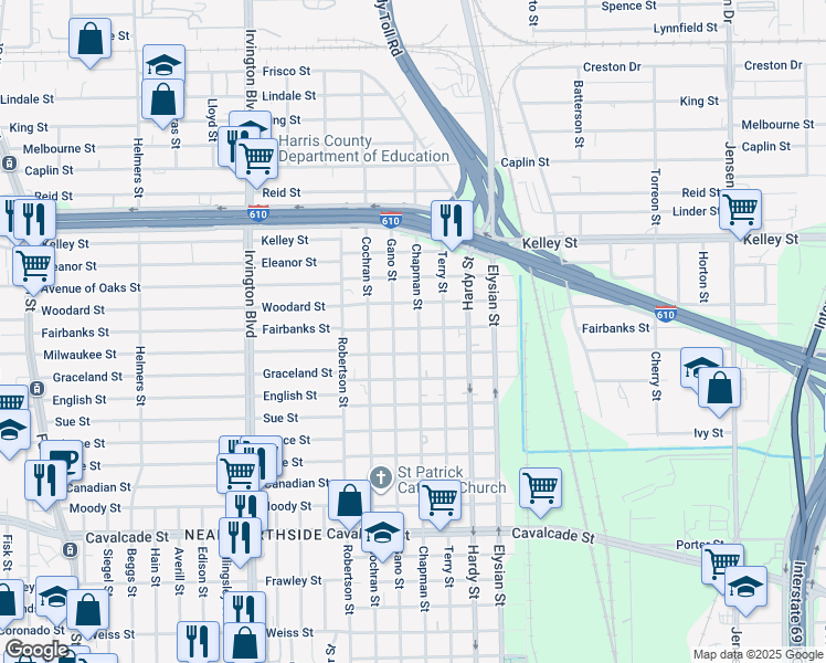map of restaurants, bars, coffee shops, grocery stores, and more near 1309 Tarley Street in Houston