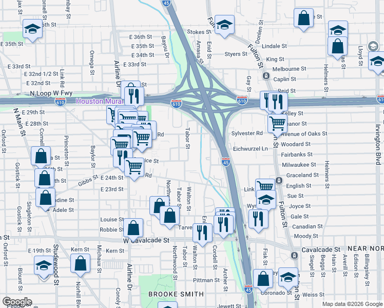 map of restaurants, bars, coffee shops, grocery stores, and more near 5603 Enid Street in Houston