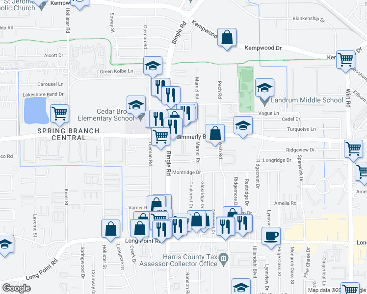 map of restaurants, bars, coffee shops, grocery stores, and more near 8550 Ridgepoint Drive in Houston