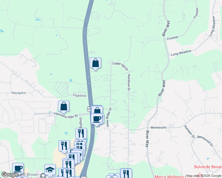 map of restaurants, bars, coffee shops, grocery stores, and more near 3060 View Ridge Drive in Spring Branch