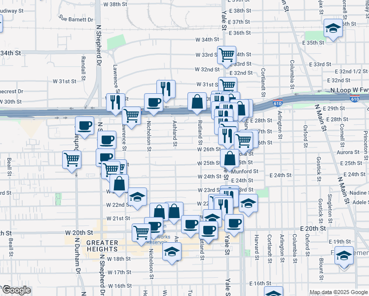 map of restaurants, bars, coffee shops, grocery stores, and more near 345 West 26th Street in Houston