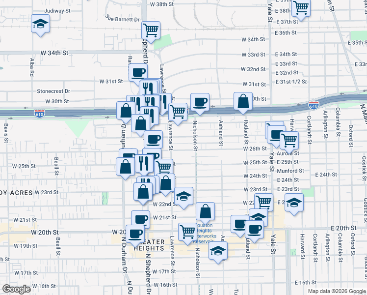 map of restaurants, bars, coffee shops, grocery stores, and more near 540 West 26th Street in Houston