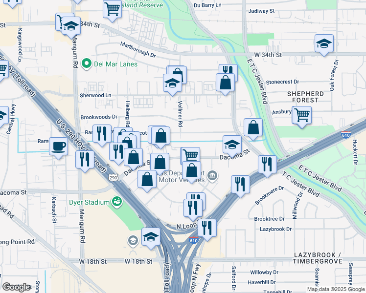 map of restaurants, bars, coffee shops, grocery stores, and more near 3900 Dacoma Street in Houston