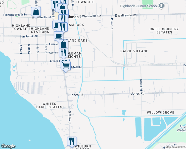map of restaurants, bars, coffee shops, grocery stores, and more near 410 Jones Road in Highlands