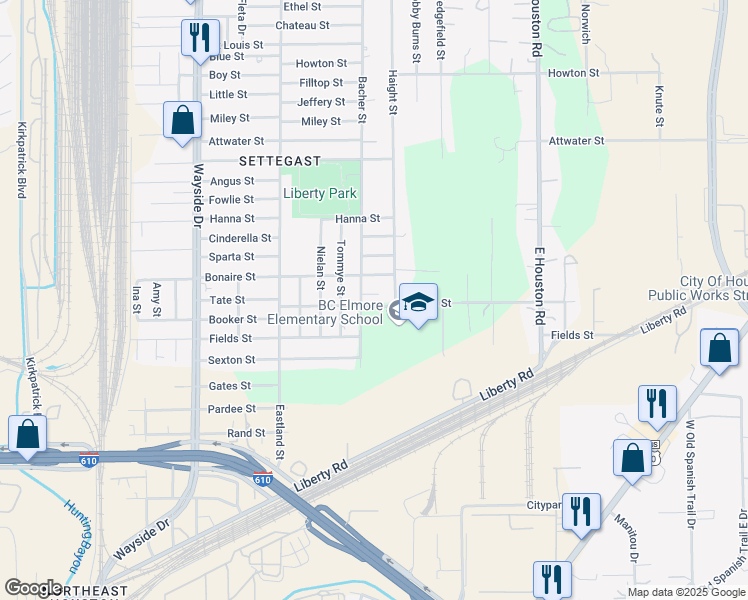 map of restaurants, bars, coffee shops, grocery stores, and more near 5313 Bacher Street in Houston