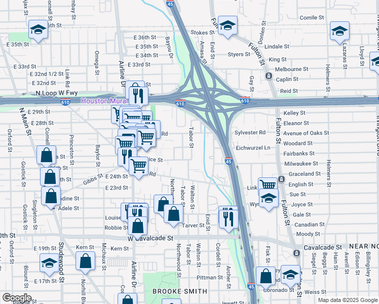 map of restaurants, bars, coffee shops, grocery stores, and more near 1725 Tabor Street in Houston