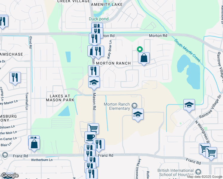 map of restaurants, bars, coffee shops, grocery stores, and more near 21711 Stoney Bluff Lane in Katy