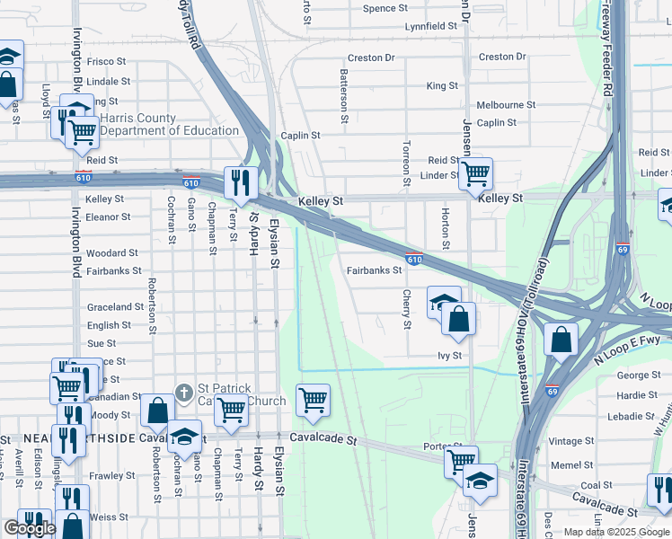 map of restaurants, bars, coffee shops, grocery stores, and more near 5712 Gold Street in Houston