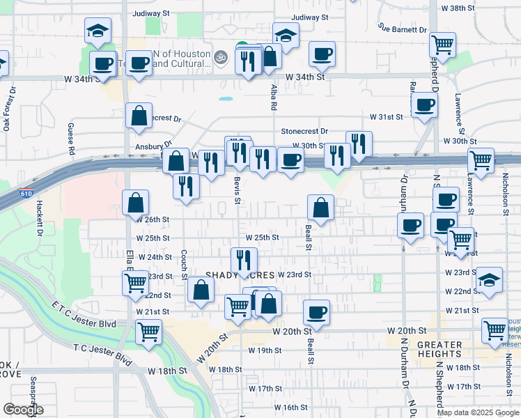 map of restaurants, bars, coffee shops, grocery stores, and more near 1219 Creekside Acres Court in Houston