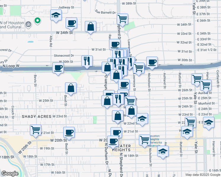 map of restaurants, bars, coffee shops, grocery stores, and more near 720 West 26th Street in Houston