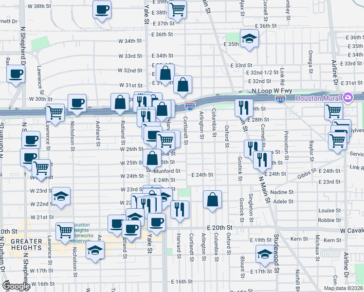 map of restaurants, bars, coffee shops, grocery stores, and more near 214 East 27th Street in Houston