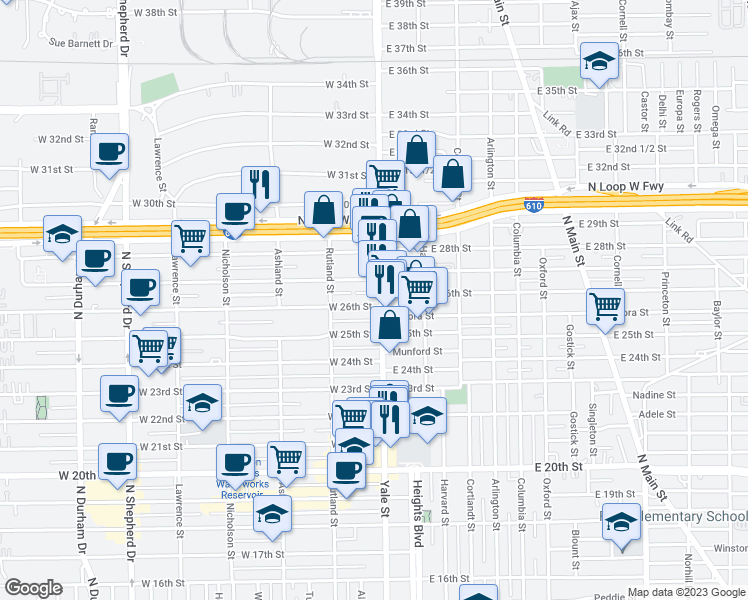 map of restaurants, bars, coffee shops, grocery stores, and more near 214 West 27th Street in Houston