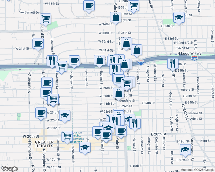 map of restaurants, bars, coffee shops, grocery stores, and more near 214 West 27th Street in Houston