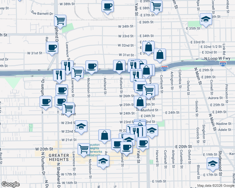 map of restaurants, bars, coffee shops, grocery stores, and more near 2614 Rutland Street in Houston
