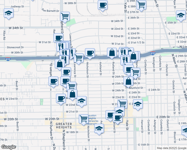 map of restaurants, bars, coffee shops, grocery stores, and more near 420 West 27th Street in Houston
