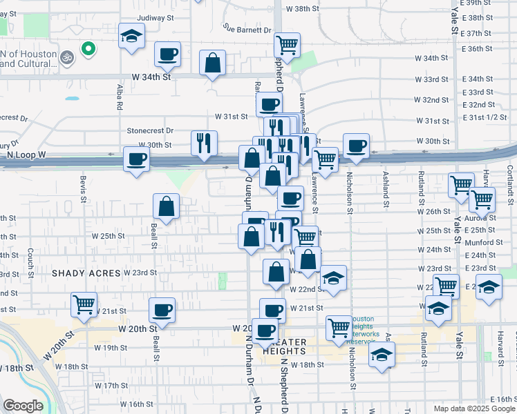 map of restaurants, bars, coffee shops, grocery stores, and more near 741 West 27th Street in Houston