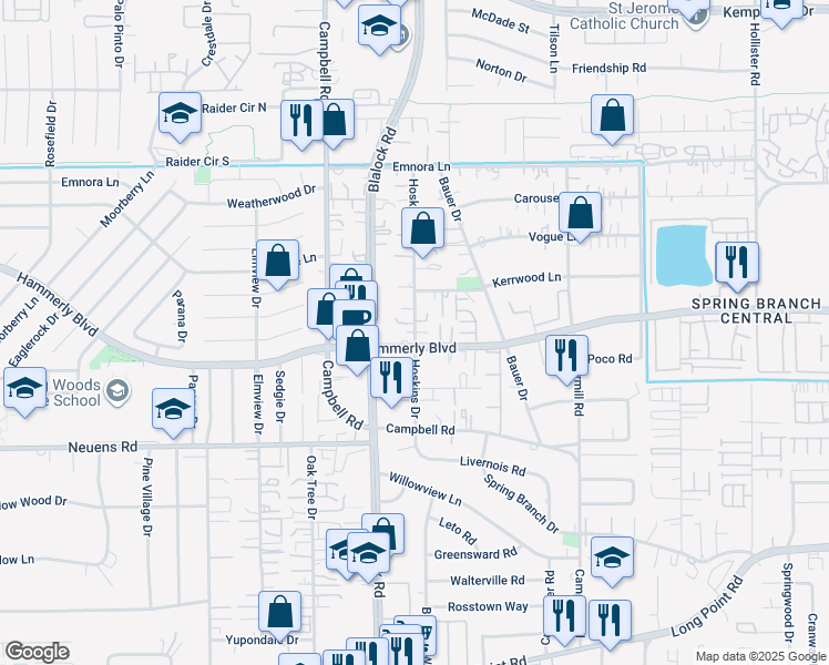 map of restaurants, bars, coffee shops, grocery stores, and more near 2125 Hoskins Drive in Houston