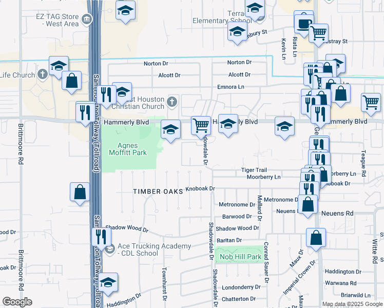 map of restaurants, bars, coffee shops, grocery stores, and more near 2135 Shadowdale Drive in Houston