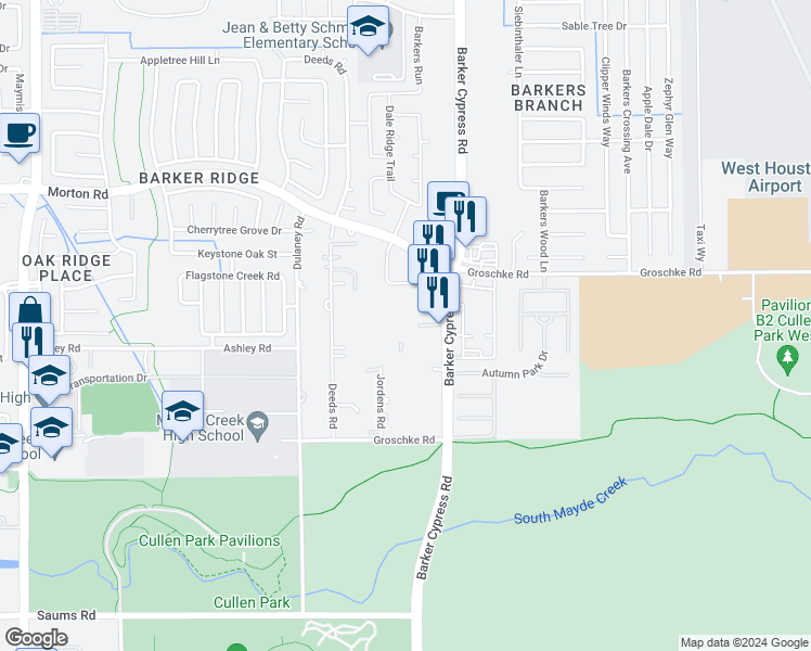 map of restaurants, bars, coffee shops, grocery stores, and more near 2931 Barker Cypress Road in Houston