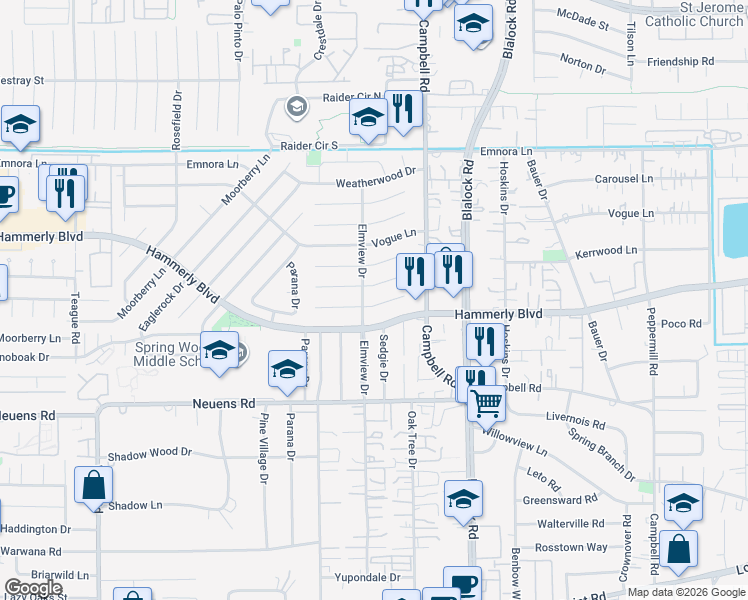map of restaurants, bars, coffee shops, grocery stores, and more near 9602 Kerrwood Lane in Houston