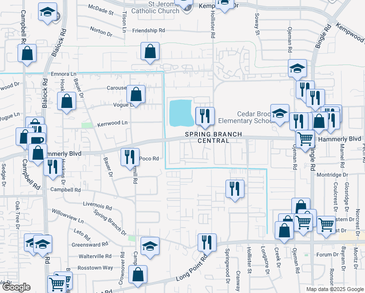 map of restaurants, bars, coffee shops, grocery stores, and more near 2088 Laverne Street in Houston