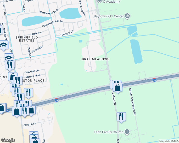 map of restaurants, bars, coffee shops, grocery stores, and more near 7309 Palm Dr in Baytown