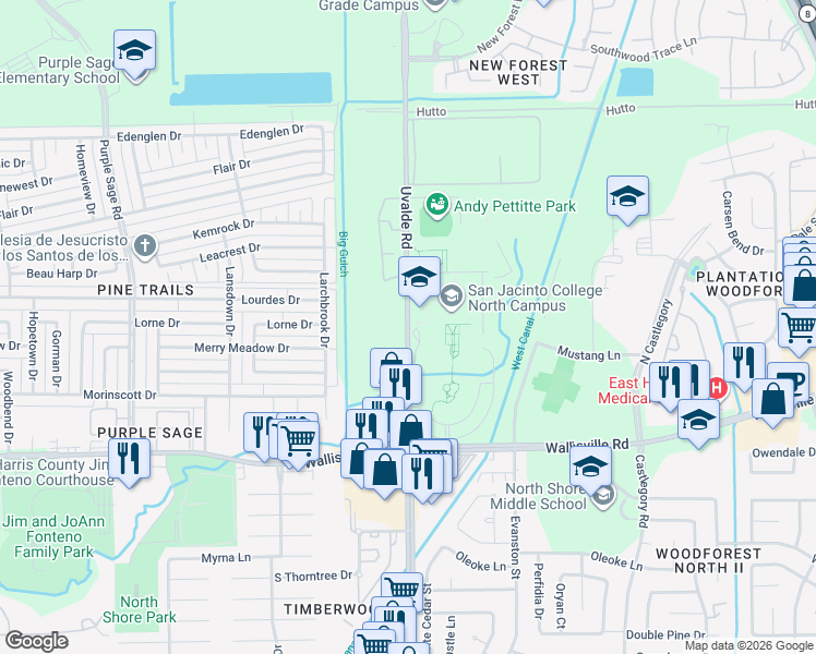 map of restaurants, bars, coffee shops, grocery stores, and more near 5951 Uvalde Road in Houston