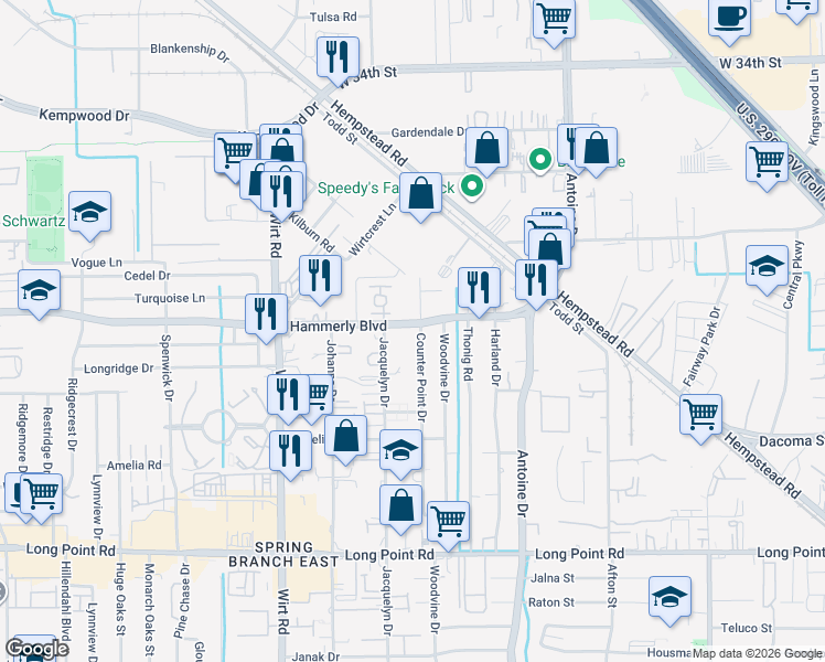 map of restaurants, bars, coffee shops, grocery stores, and more near 2207 Counter Point Drive in Houston