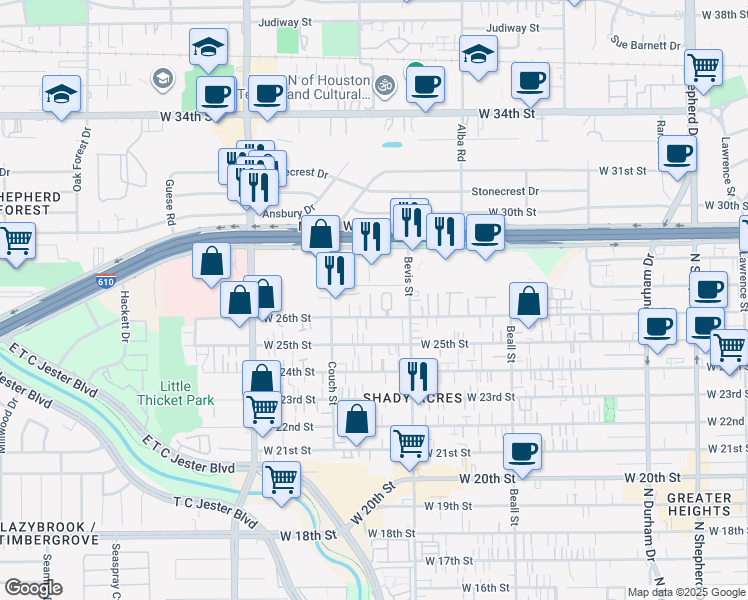 map of restaurants, bars, coffee shops, grocery stores, and more near in Houston