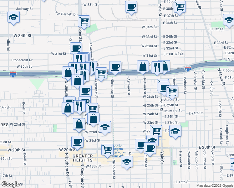 map of restaurants, bars, coffee shops, grocery stores, and more near 429 West 26th Street in Houston