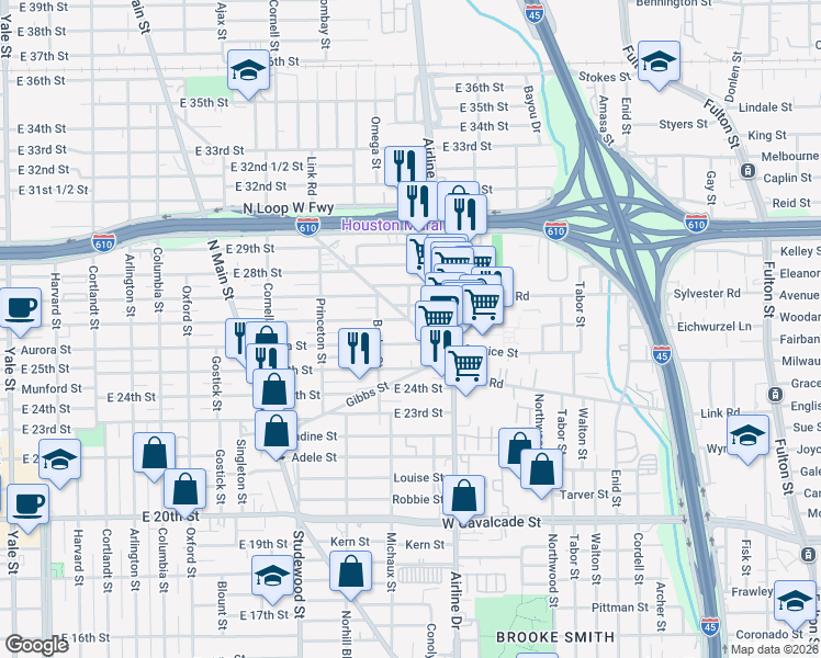 map of restaurants, bars, coffee shops, grocery stores, and more near 1202 East 26th Street in Houston