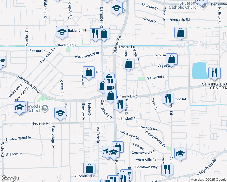 map of restaurants, bars, coffee shops, grocery stores, and more near 2122D Blalock Road in Houston