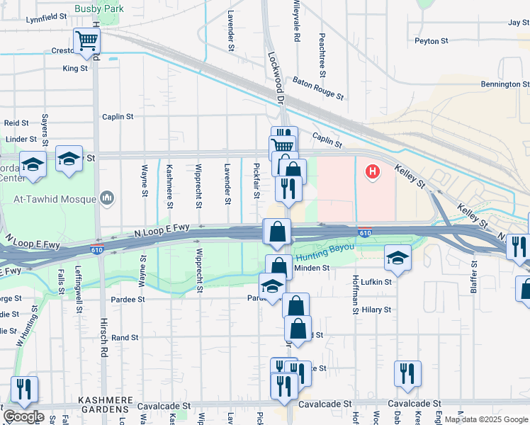 map of restaurants, bars, coffee shops, grocery stores, and more near 5521 Pickfair Street in Houston