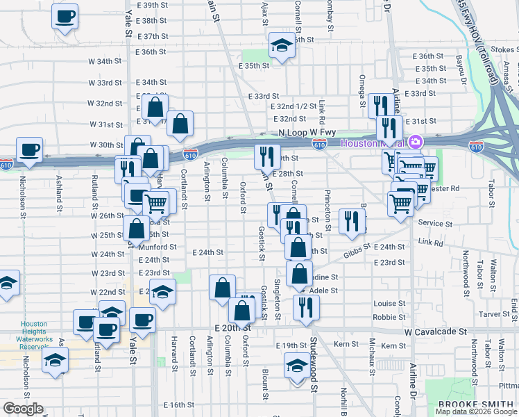 map of restaurants, bars, coffee shops, grocery stores, and more near 626 East 26th Street in Houston