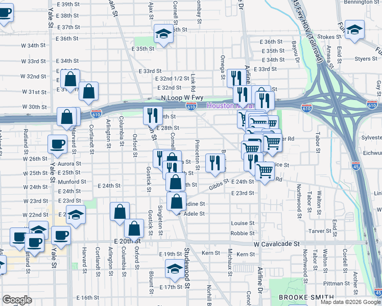 map of restaurants, bars, coffee shops, grocery stores, and more near 836 East 26th Street in Houston