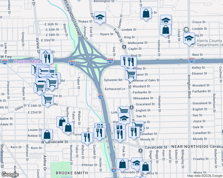 map of restaurants, bars, coffee shops, grocery stores, and more near 408 Eichwurzel Lane in Houston