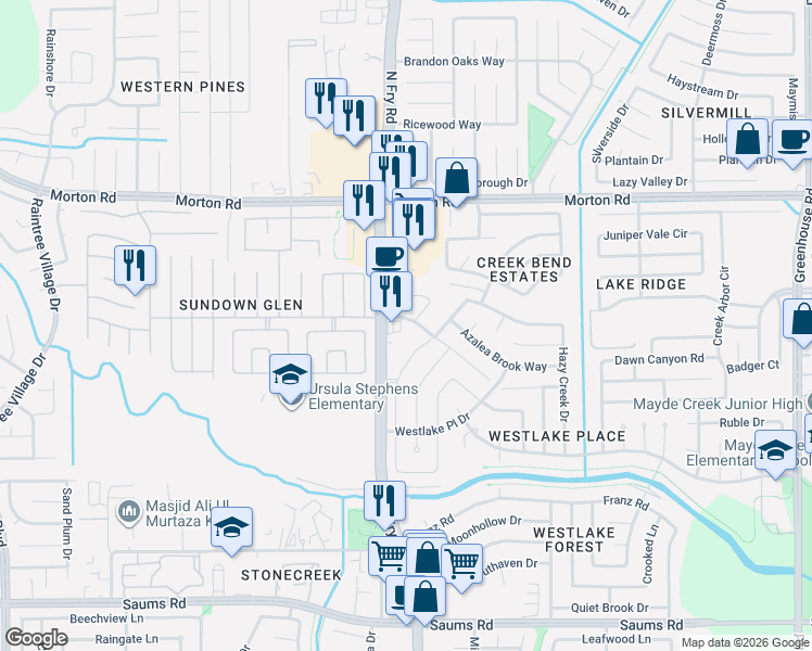 map of restaurants, bars, coffee shops, grocery stores, and more near 19955 Ashland Brook Court in Houston