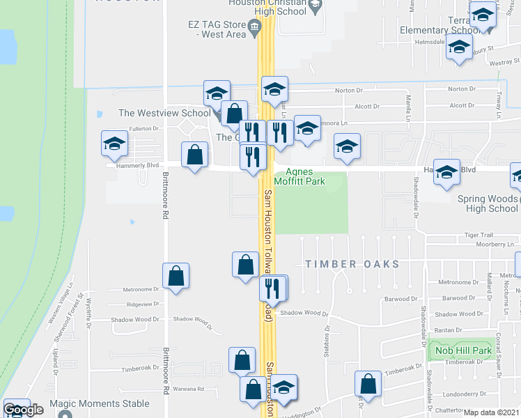 map of restaurants, bars, coffee shops, grocery stores, and more near West Sam Houston Parkway North in Houston