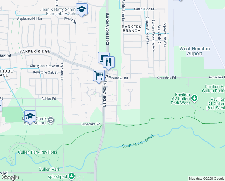 map of restaurants, bars, coffee shops, grocery stores, and more near 2926 Barker Cypress Road in Houston