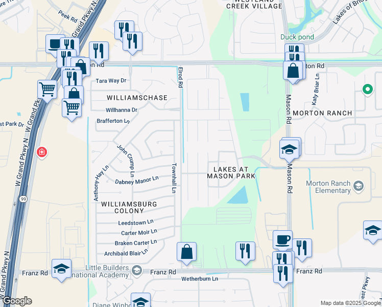 map of restaurants, bars, coffee shops, grocery stores, and more near 2539 Northern Great White Court in Katy