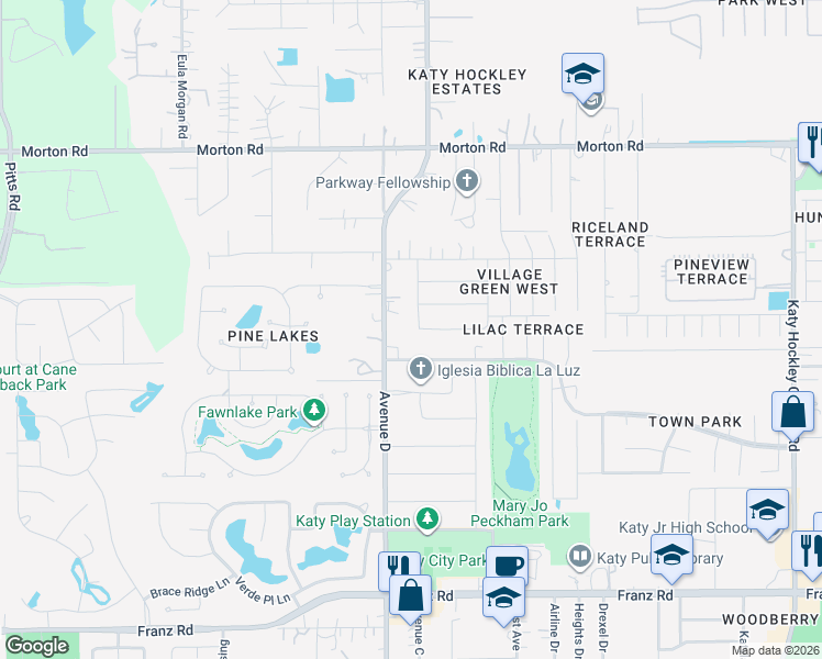 map of restaurants, bars, coffee shops, grocery stores, and more near 2523 Village Way Drive in Katy