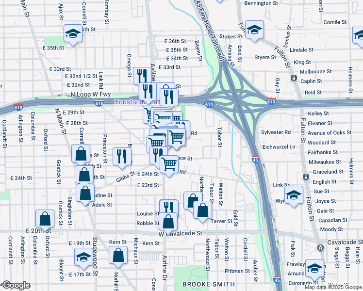 map of restaurants, bars, coffee shops, grocery stores, and more near 2520 Airline Drive in Houston