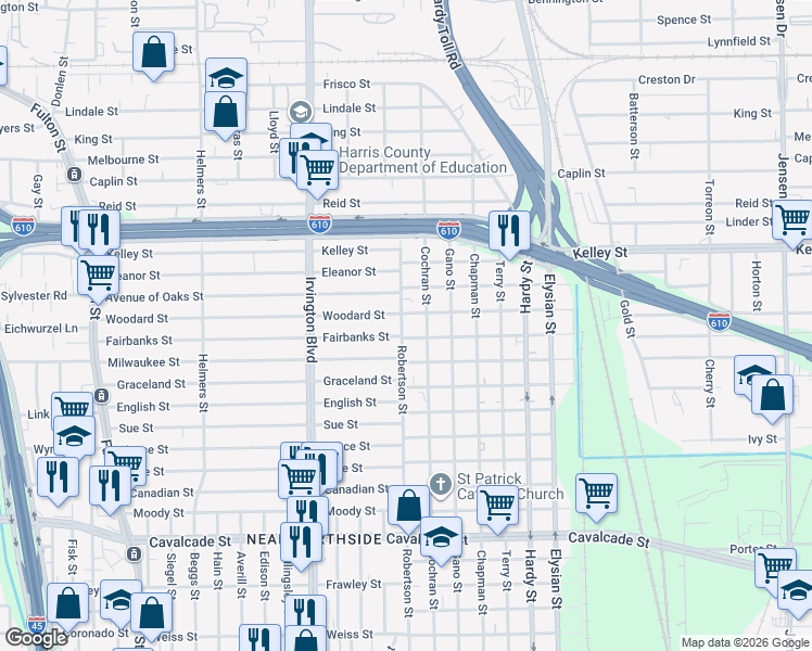map of restaurants, bars, coffee shops, grocery stores, and more near 5606 Robertson Street in Houston