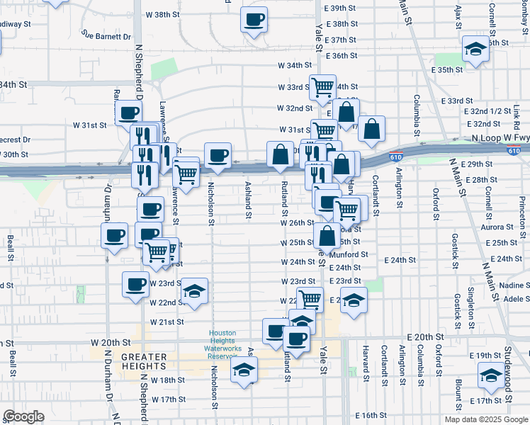 map of restaurants, bars, coffee shops, grocery stores, and more near 333 West 27th Street in Houston
