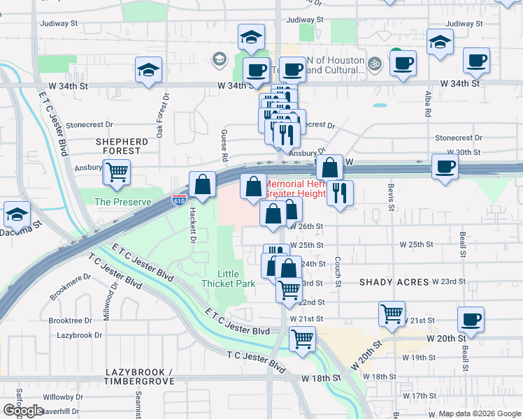map of restaurants, bars, coffee shops, grocery stores, and more near 1740 West 27th Street in Houston