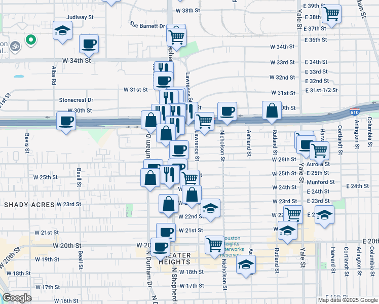 map of restaurants, bars, coffee shops, grocery stores, and more near 615 West 27th Street in Houston