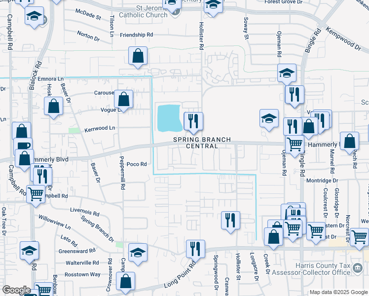map of restaurants, bars, coffee shops, grocery stores, and more near 8801 Hammerly Boulevard in Houston