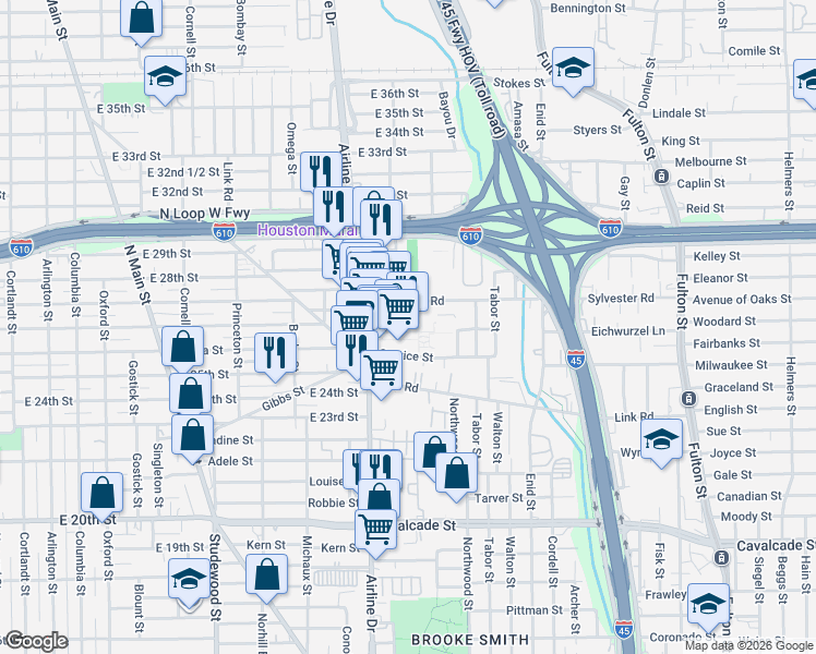 map of restaurants, bars, coffee shops, grocery stores, and more near 2520 Airline Drive in Houston