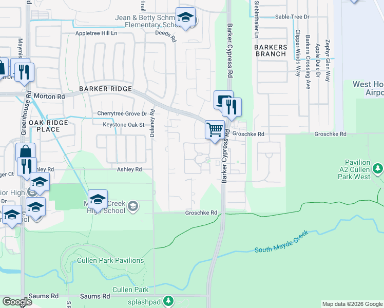 map of restaurants, bars, coffee shops, grocery stores, and more near 2931 Barker Cypress Road in Houston